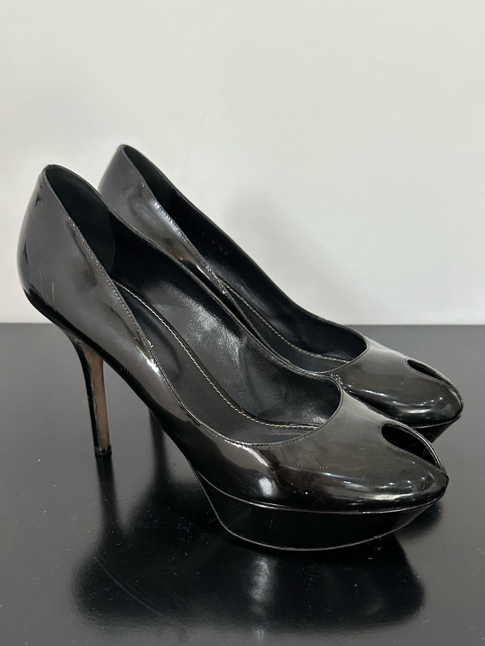 Sergio Rossi Black Patent Peep-Toe Platform Pumps